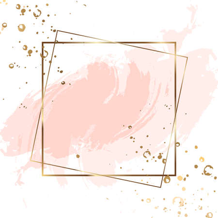 Gold square frame double. Luxury square banner with watercolor stains. Abstract background. Vectorのイラスト素材