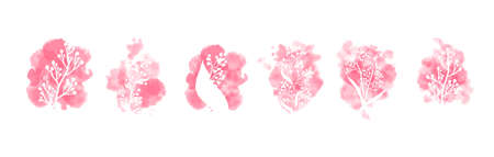 Watercolor spots pink. Set of minimalistic silhouettes of white twigs on a pink background. For postcards, packaging, printing and web pages. Vector file.のイラスト素材