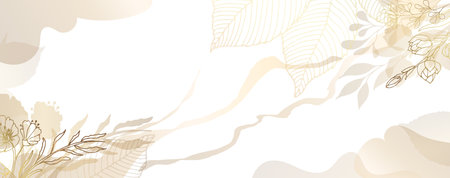 Luxurious golden wallpaper. Banner with flowers. Watercolor spots and stains on a white background. Shiny flowers and twigs. Vector file.のイラスト素材