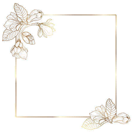 Gold frame. Trendy minimalistic abstract square botanical art templates. Magnolia flowers are golden. For publications on social networks, mobile applications, for banners the Internet. Vectorのイラスト素材