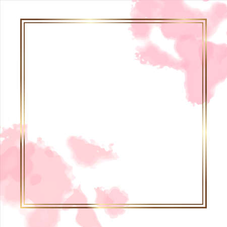 Golden modern frame with watercolor effect background. Pastel strokes of a rose. Square frame. Gold luxury line border for invitation, postcard, sale, fashion, wedding. Vector illustration.のイラスト素材