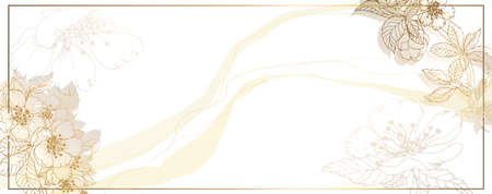 Luxurious golden wallpaper. White background and beautiful leaves and spots. Golden leaves and cherry flowers with a shiny light texture. Modern art mural wallpaper. Vector illustration.のイラスト素材