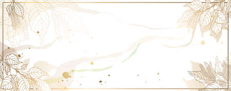 Luxurious golden wallpaper with leaves and branches. White background and beautiful golden birch leaves with a shiny light texture. Modern art mural wallpaper. Vector illustration.のイラスト素材