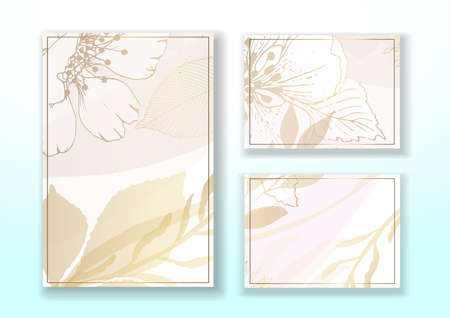 Set wedding floral invitations watercolor and pastel. Golden pale beige flowers and branches. Set vector art templates.のイラスト素材