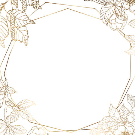 Golden six-cornered frame with a branch of cherry and birch. Golden leaves of birch and cherry flowers. Beautiful graceful line. Shining gold. White isolated background. Vectorのイラスト素材