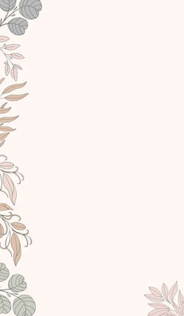 Background with minimalistic leaves in a trendy style on a white background. Vertical location of the border. Pastel colors and beautiful leaf shapes. Vector illustration.のイラスト素材