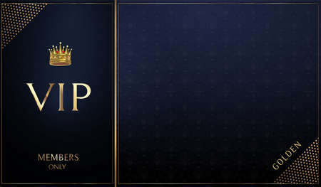 VIP party invitation with golden crown and flashes of light. Radiance and light on a dark blue background. Gold luxury elegant vip. Vector illustrationのイラスト素材