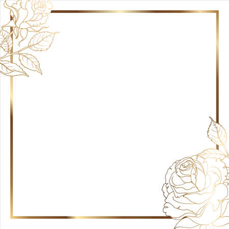 Gold frame with leaves. Floral minimal background. For use on social networks. Square white background. Vectorのイラスト素材