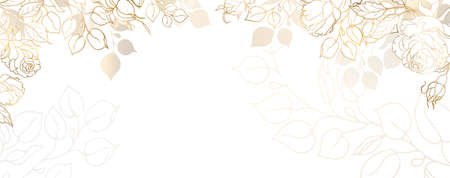 Luxurious gold wallpaper with roses. White background. Shiny leaves wall art with pastel light texture. Modern art mural wallpaper. Vectorのイラスト素材