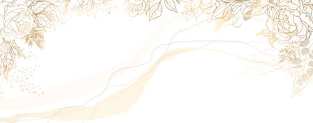 Luxurious golden wallpaper. Floral frame with roses and leaves. White background and beautiful golden leaves at the top of the illustration. Rose flowers with a shiny light texture. Vectorのイラスト素材