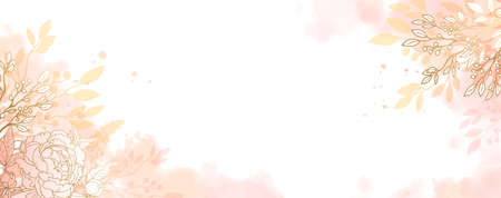 Luxurious golden wallpaper. Banner with flowers. Watercolor spots and stains on a white background. Shiny flowers and twigs. Vector file.のイラスト素材