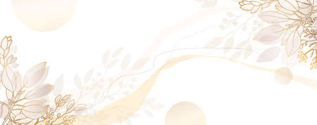 Luxurious golden wallpaper. Gold leaves and flowers on a white background, painting with a shiny light texture. Modern art mural wallpaper. Splashes and watercolor stripes. Vectorのイラスト素材