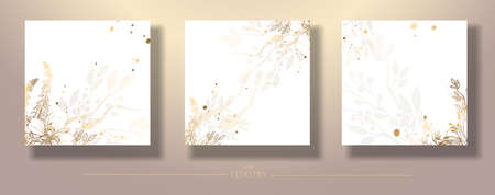 Golden botanical wall set. Square templates with thin shiny line line art of foliage. Abstract plant design for social networks, print, natural wall art. Vectorのイラスト素材