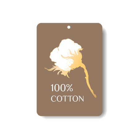 Cotton branch with a label. Gold-colored cotton flower. With the inscription 100 percent. Label for clothing and fabrics. Various fabric products. Vector illustration.のイラスト素材
