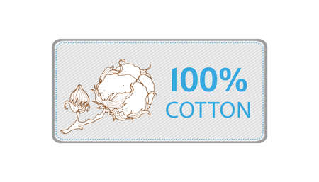 Cotton plant. Cotton flower on the label. Delicate pastel blue and beige tones. Vector illustration. 100 organic.のイラスト素材