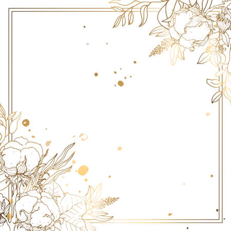 Golden square frame with cotton branches and flowers. White background. Vector illustration.のイラスト素材