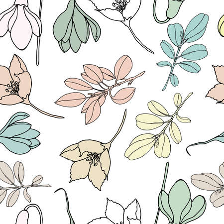 Seamless leaves and branches in pastel colors on a white background. Floral and simple light ornament. Vectorのイラスト素材