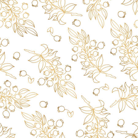 Seamless patterns. Luxurious gold and a graceful twig with berries on a white background. Berry pattern, gold leaf. Vector file.のイラスト素材