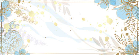 Luxury gold floral, winter wallpaper. Banner with small and lush flowers. Watercolor blue spots on a white background and splashes. Shiny flowers and twigs. Vector file.のイラスト素材