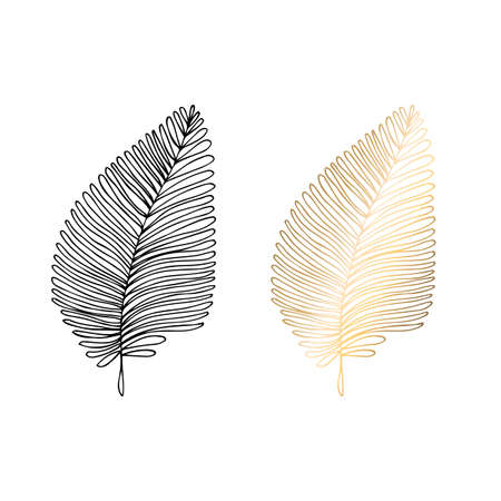 Monochrome and golden wide leaves isolated on white background. Hand-drawn black and white vector illustration of large leaves. For print and web pagesのイラスト素材