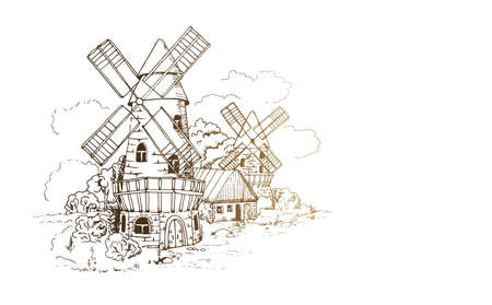 Windmill in a rural landscape, monochrome hand-drawn composition, graphic styleのイラスト素材