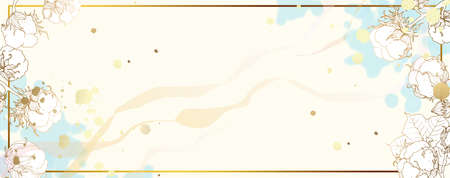 Luxury gold cotton winter wallpaper. Lush cotton banner. Watercolor blue spots on a white background and gold splashes. Shiny flowers and twigs. Vector fileのイラスト素材