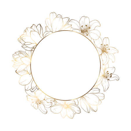 Round gold frame with lily flowers. Beautiful illustration on an isolated white background. Design template with circular ornament. Floral vector illustration.のイラスト素材