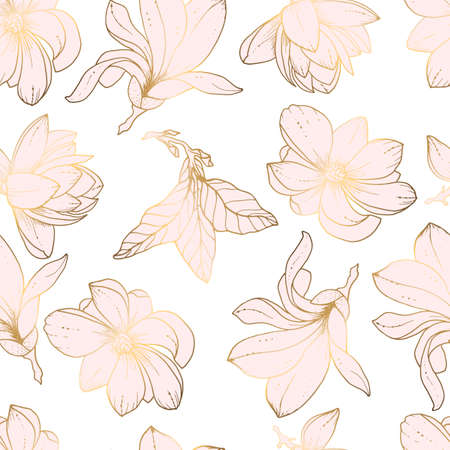 Seamless patterns. Luxurious gold and graceful magnolia twig and pink flower on a white background. Floral pattern, gold leaf. vector file.のイラスト素材