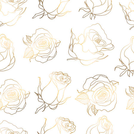 Seamless patterns. Luxurious golden rose and rose bud isolated on white background. Line art is subtle. Delicate floral pattern, gold leaf. vector file.のイラスト素材