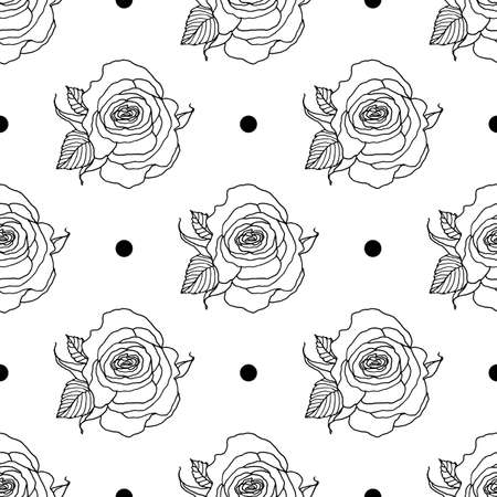 Seamless floral line art background with roses and leaf pattern illustration. Monochrome vector file.のイラスト素材