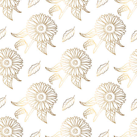 Seamless patterns. Luxurious golden sunflower and foliage isolated on white background. Line art. The line art is thin. Delicate floral pattern, gold leaf. vector file.のイラスト素材