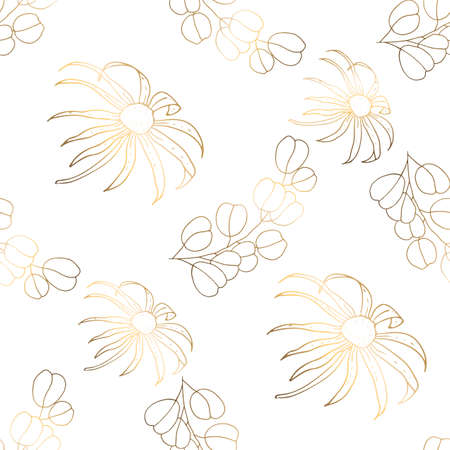 Seamless patterns. Luxurious golden foliage and chamomile isolated on white background. Line art. The line art is thin. Delicate floral pattern, gold leaf. vector file.のイラスト素材