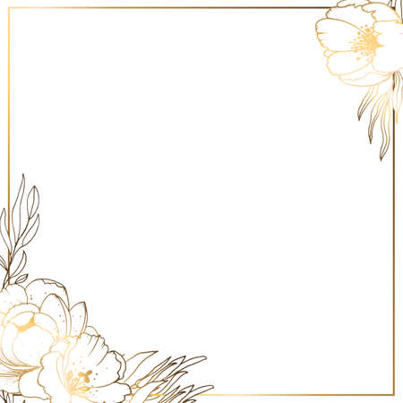 Square golden frame made of small flowers and branches of golden magnolia on a white background. Minimalism of forms in a square frame and abstraction. Vector illustration.のイラスト素材