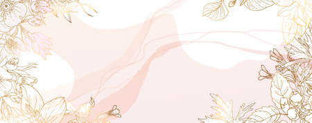 Luxurious golden wallpaper. Banner with flowers. Watercolor pink, blue, lilac spots on a white background. Bright flowers and branches. vector file.のイラスト素材
