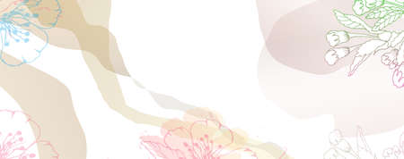 Luxurious golden wallpaper. Banner with apple and cherry flowers. Watercolor pink, blue, lilac spots on a white background. Bright flowers and branches. vector file.のイラスト素材