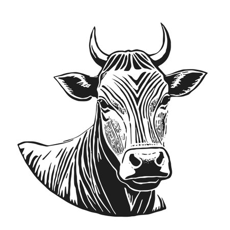 The head of a cow and a bull. Hand drawn in graphic black and white style. Vintage vector engraving for poster and social media. networks. Isolated on white background.のイラスト素材