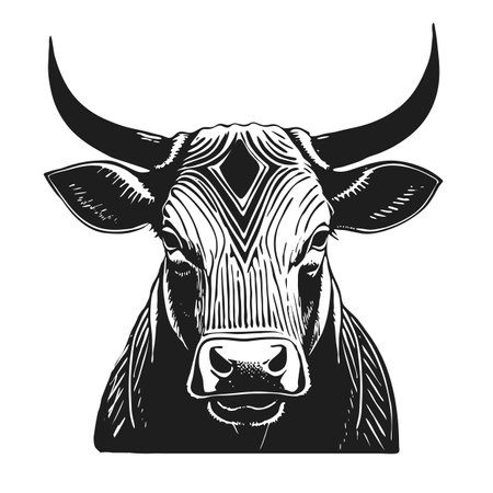 Bull s head full face. Brutal look. Line sketch. Hand drawn in graphic black and white style. Vintage vector graphics for posters and social media. Logo, poster for advertising, milk packaging.のイラスト素材