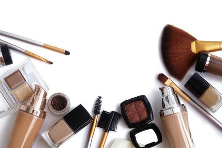 Makeup tools and accessories. Brow eyeshadows, naturel skin foundation for clean ton on face, nail polish, make-up brushesの写真素材