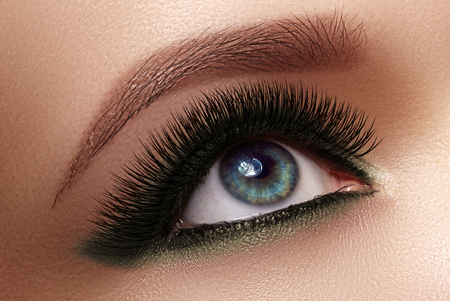 Beautiful macro shot of female eye with extreme long eyelashes and black liner makeup. Perfect shape make-up and long lashes. Cosmetics and make-up. Closeup macro shot of fashion eyes visageの写真素材