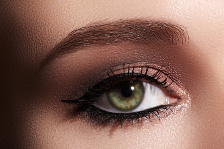 Beautiful macro shot of female eye with classic eyeliner makeup. Perfect shape of eyebrows, brown eyeshadows and long eyelashes. Cosmetics and make-up. Closeup macro shot of fashion liner eyes visageの写真素材