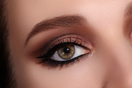 Beautiful macro shot of female eye with classic eyeliner makeup. Perfect shape of eyebrows, brown eyeshadows and long eyelashes. Cosmetics and make-up. Closeup macro shot of fashion liner eyes visageの写真素材