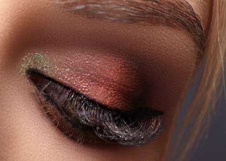 Beautiful macro shot of female eye with extreme long eyelashes and black liner makeup. Perfect shape make-up and long lashes. Cosmetics and make-up. Closeup macro shot of fashion eyes visageの写真素材