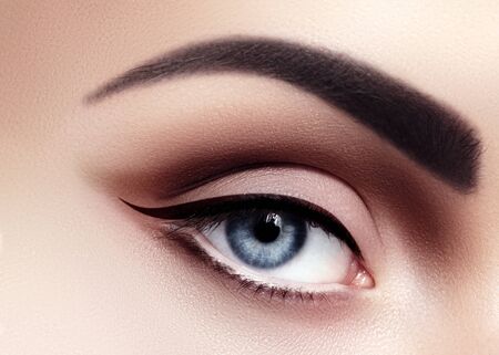 Closeup Macro of Sexy Woman Eyes with Evening Fashion Make-up. Black Liner and Strong Brows. Retro Diva Style Eye Makeup. Cinematic Lookの写真素材
