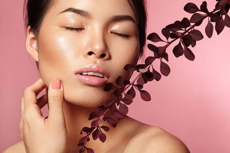 Beautiful Asian Woman with Fresh Daily Makeup. Vietnamese Beauty Girl with Spring Gloss Make-up and Red leafs near Face. Pink backgroundの写真素材