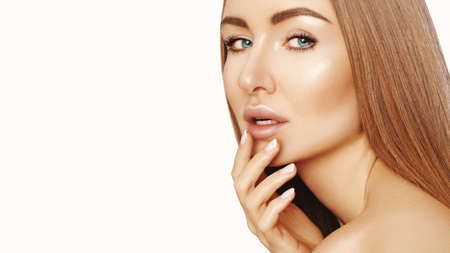 Beautiful yong woman with long straight brown hair. Sexy fashion model with smooth gloss hairstyle, keratin treatmentの写真素材