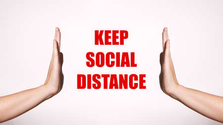 Keep Social Distance. Distancing and Contact-less Greetings. Health Care Poster. Two Hands Gesture Limit Safe Distance. Public Health Conceptの写真素材