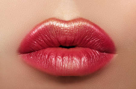 Beautiful Woman Lips with Fashion Lipstick Makeup. Cosmetic, Fashion Make-Up Concept. Beauty Lip Visage. Passionate kiss. Female Sexy Open Mouthの写真素材