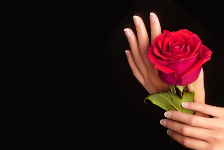 Beautiful female arms with ideal french manicure on black background. Care about female hands, healthy soft skin. Spa and cosmetics. Beauty care. Close-up of beautiful famele fingers with nails polishの写真素材