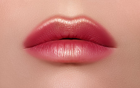 Macro close-up glamor fashion bright red lips make-up with gold glitter. Macro of woman's face part. Sexy lip makeup, luxury visageの写真素材
