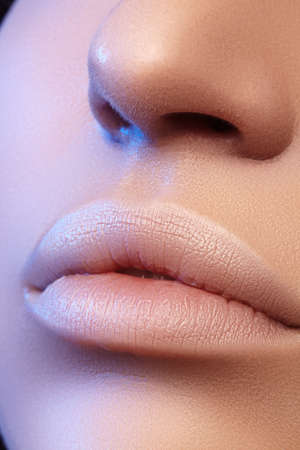Perfect Natural Lip Makeup. Close Up Macro Photo with Beautiful Female Mouth. Plump Full Lips. Close-up Face Detail. Perfect Clean Skin, Light Fresh Lip Make-up. Beautiful Spa Tender Lipsの写真素材